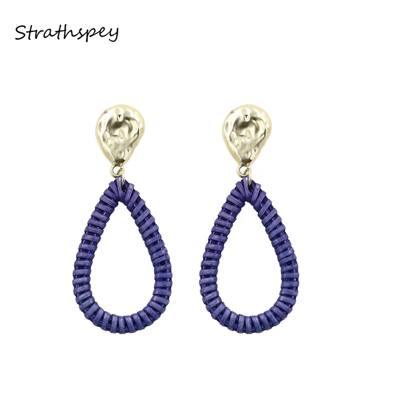 

STRATHSPEY Natural Wicker Drop Earrings Vintage Teardrop Woven Rattan Earring Gold Hammered Straw Earings oorbellen
