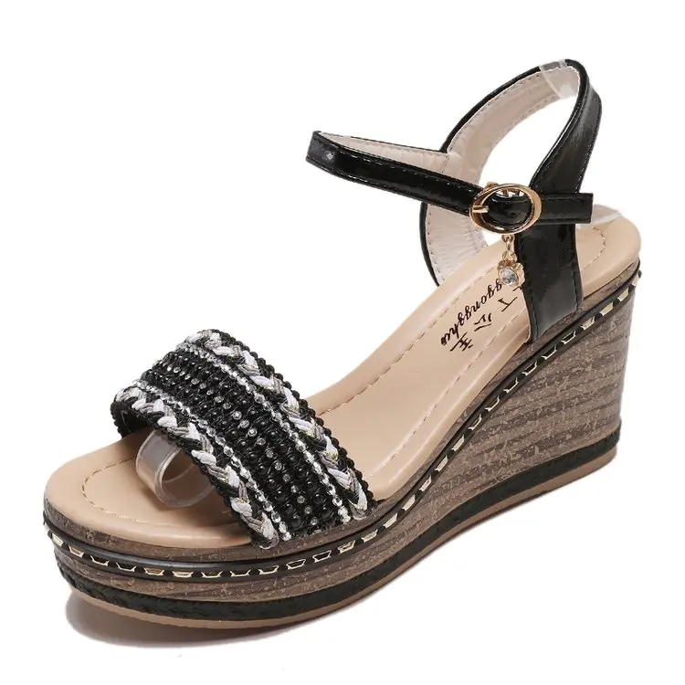 Плюс Размер 35–40 пикантные Летние женские сандалии Обувь на высоком каблуке обувь Для женщин на платформе в римском стиле на танкетке Обувь на высоком каблуке под платье; Для женщин обувь* 049 - Цвет: Black