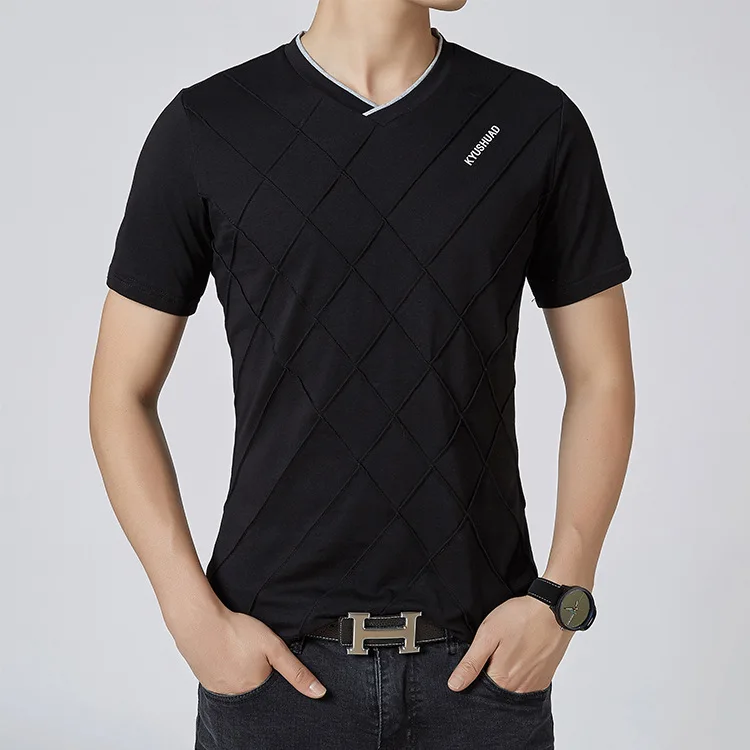 BROWON брендовые Летние повседневные мужские футболки с коротким рукавом и v-образным вырезом, эластичная мужская одежда с ромбическим узором - Цвет: black t-shirt