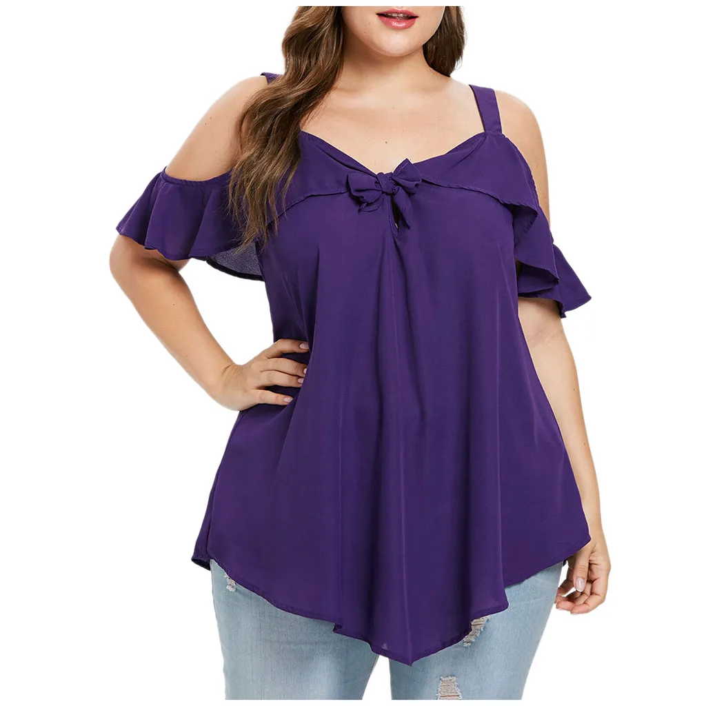 Женская блузка, плюс размер, с открытыми плечами, Топики, с бантом, асимметричные, шифоновые, с оборками, топы, футболка, Camisa Feminina - Цвет: Фиолетовый