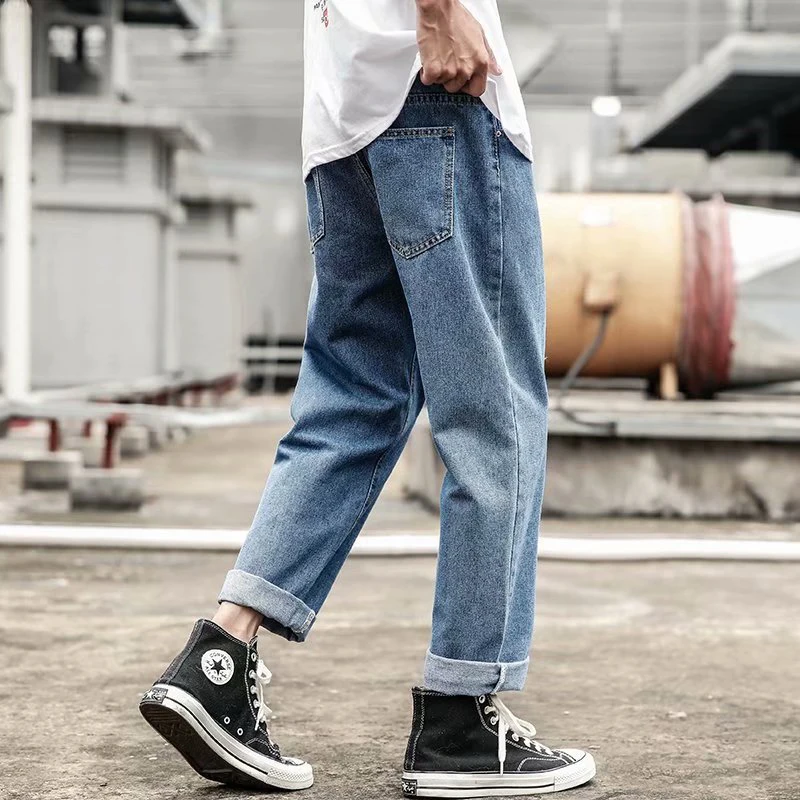 Новые модные брендовые мужские джинсы в стиле хип-хоп осенние рваные мужские однотонные хлопковые длинные джинсы средней длины черного цвета распродажа потертые джинсы