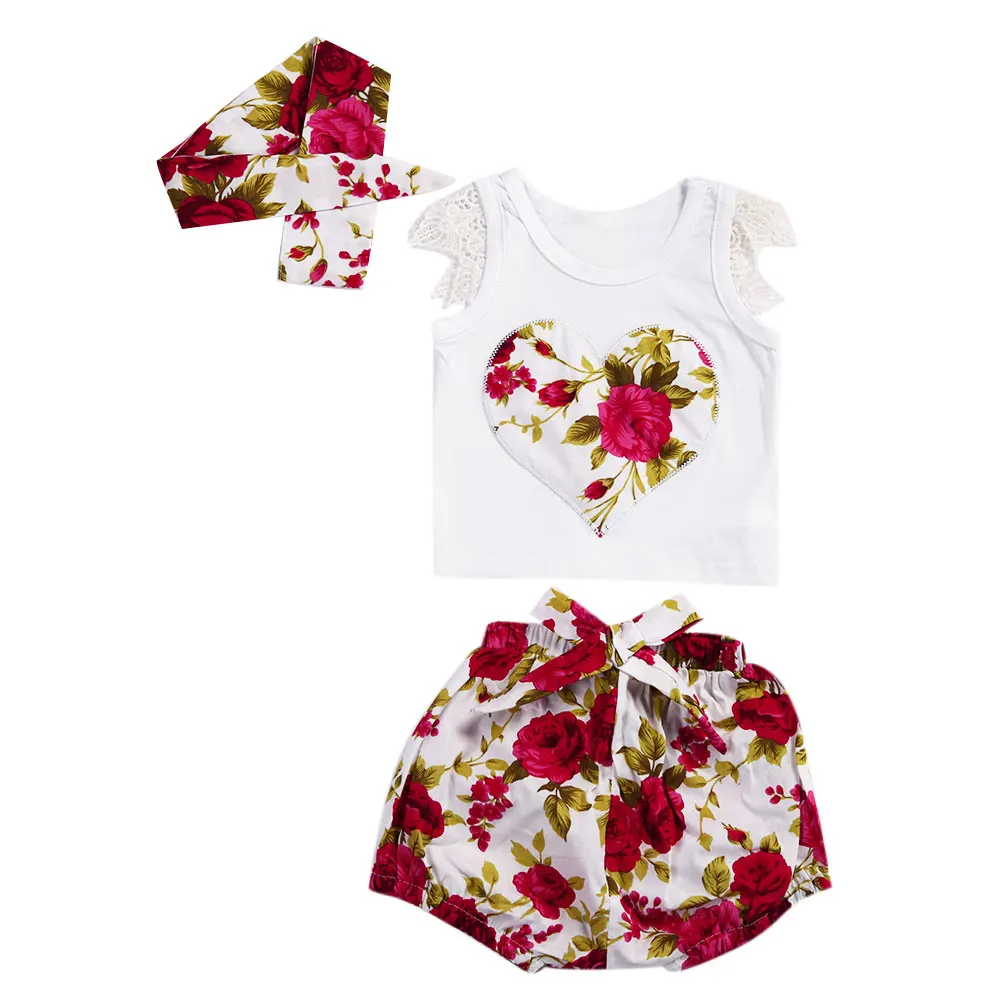 Kids Summer Floral Clothing Set Baby Girls Heart Shape Flower Printed T Shirt Short Pant Headband