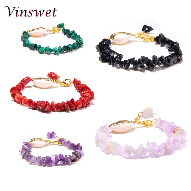

Vinswet 2019 Natural Stone Chip Bracelet beads Nuggets Crystal Quartz Bracelet Ethnic Style Stone Bracelet summer beach boho