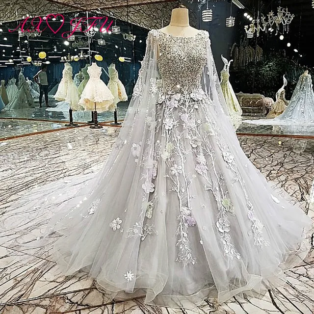 Axjfu Princess Grey Lace Flower Wedding Dress Lace Beading Golden Luxury Sparkly Veil Wedding 