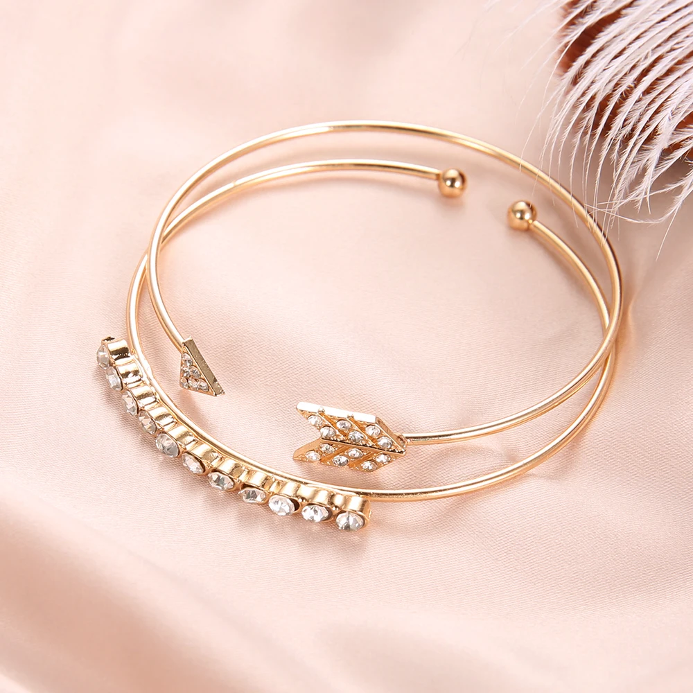 2-unids-set-pulsera-brazalete-Vintage-brazaletes-para-las-mujeres-de-Color-oro-abierto-flecha-anudada