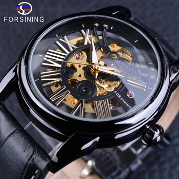 

Forsining Black Bezel Retro Men Automatic Watch Luminous Hands Top Brand Luxury Fashion Skeleton Wrist Watch Gold Gear Movement