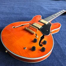 

In Stock Jazz Electric Guitar, Semi Hollow Body Guitar in orange Color, Flamed Maple Top,High quaity,Real photo shows