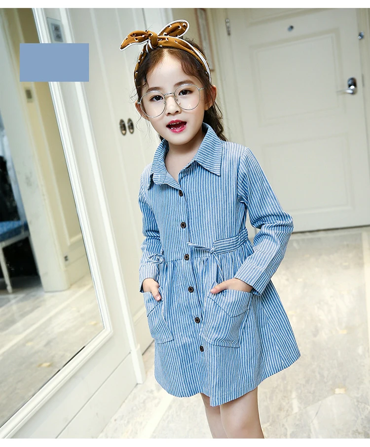 Baby Dress Girls Children's Toddler Girls  College style leisure Washed denim Long sleeve Collect waist stripe shirtdress for 3-14Y kids clothing (7)
