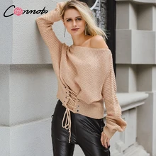 Conmoto Khaki Lace Up Knitted Sweater Women Elastic Long Sleeve Jumper Casual Autumn Winter Oversized Knitwear