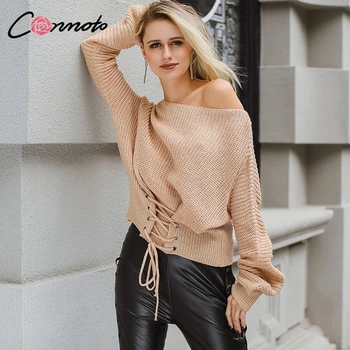 

Conmoto Khaki Lace Up Knitted Sweater Women Elastic Long Sleeve Jumper Casual Autumn Winter Oversized Knitwear Pullover Femme