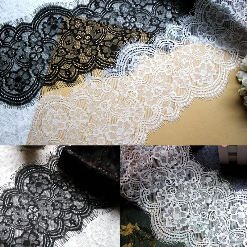 

24 meters/lot 15cm Black,White Eyelash Lace trim embroidered Lace fabric Sewing Lace underwear Lace ribbon for needlework LAV312