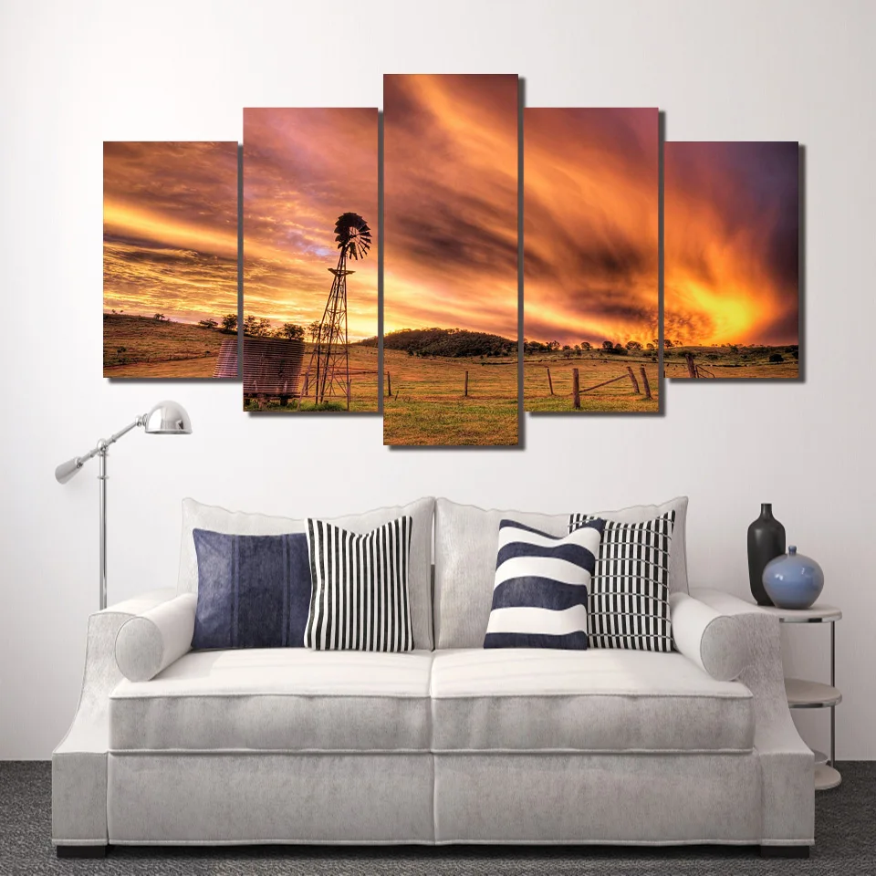 Wall Art Canvas Modern Poster Home Decoration 5 Panel Sunset Landscape Living Room HD Print Painting Pictures Modular Frame