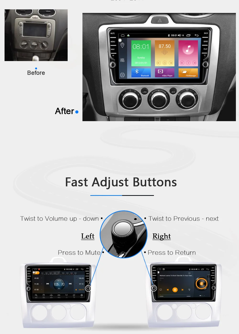 Perfect Funrover 8 cores Android 9.0 2 din Car Dvd multimedia gps navi For  Focus 2 radio navigation DSP stereo Split screen SIMslot 2