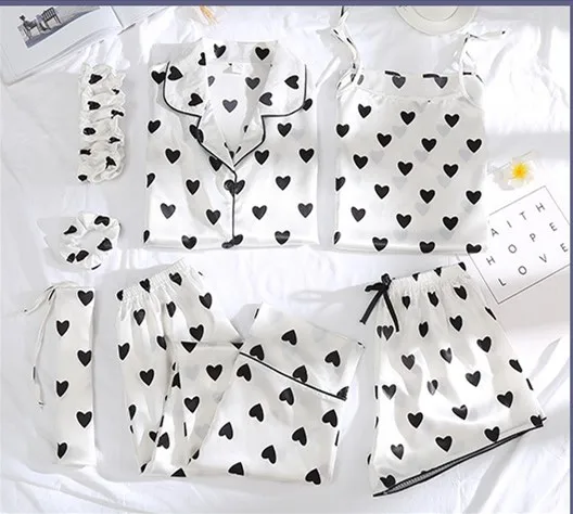 Skup Babie lato 7 sztuk zestaw jedwabne eleganckie damskie piżamy spodenki z nadrukiem z długim rękawem Top spodnie z elastyczną gumką w pasie pełna wygodna bielizna nocna