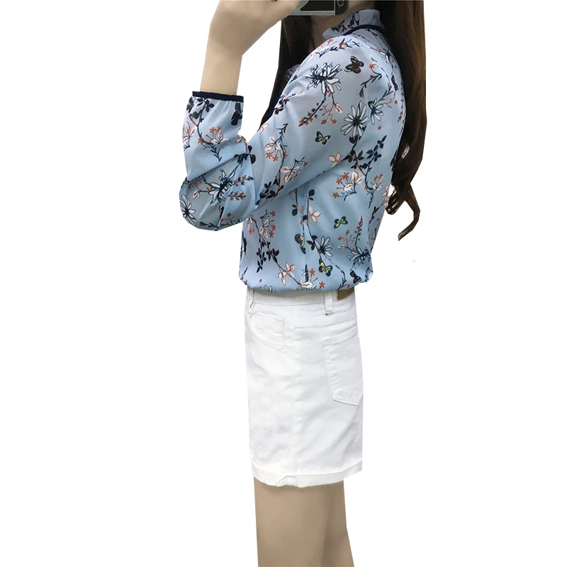 Online 2017 New Summer Autumn Floral Print Chiffon Blouse Shirts Women Casual Loose Lace Up Tops Elegant Slim Bottoming Shirt AB233