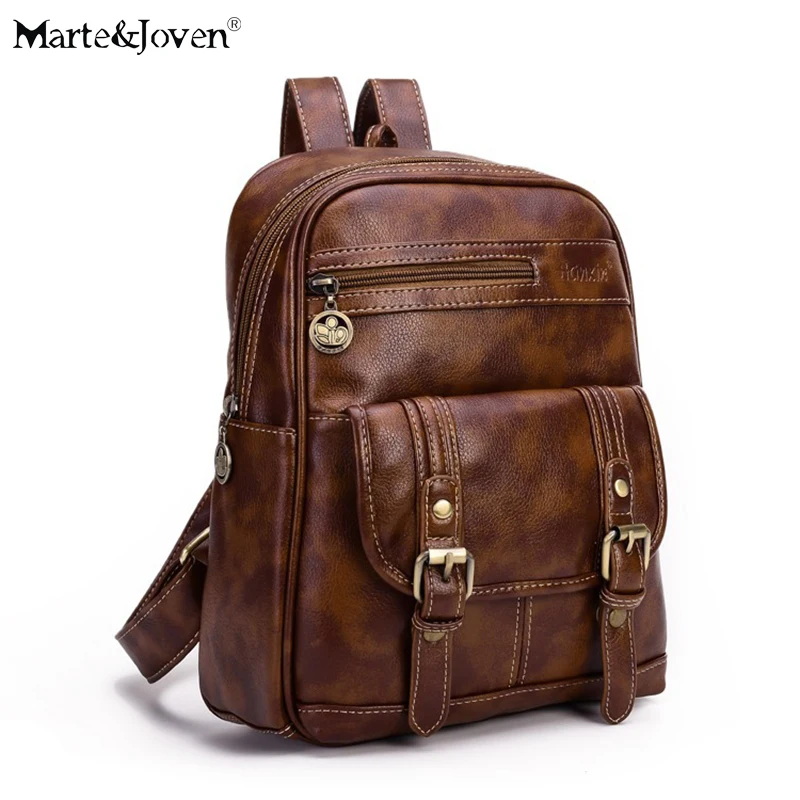 High Quality Classic Design Teenager Girls PU Vintage Schoolbag Backpack Retro PU Leather Long Strap Women