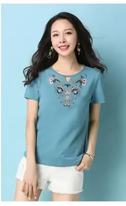 Blusas Mujer De Moda Летняя Повседневная блузка с вышивкой Женские топы с коротким рукавом Свободная рубашка больших размеров женская сорочка - Цвет: Синий