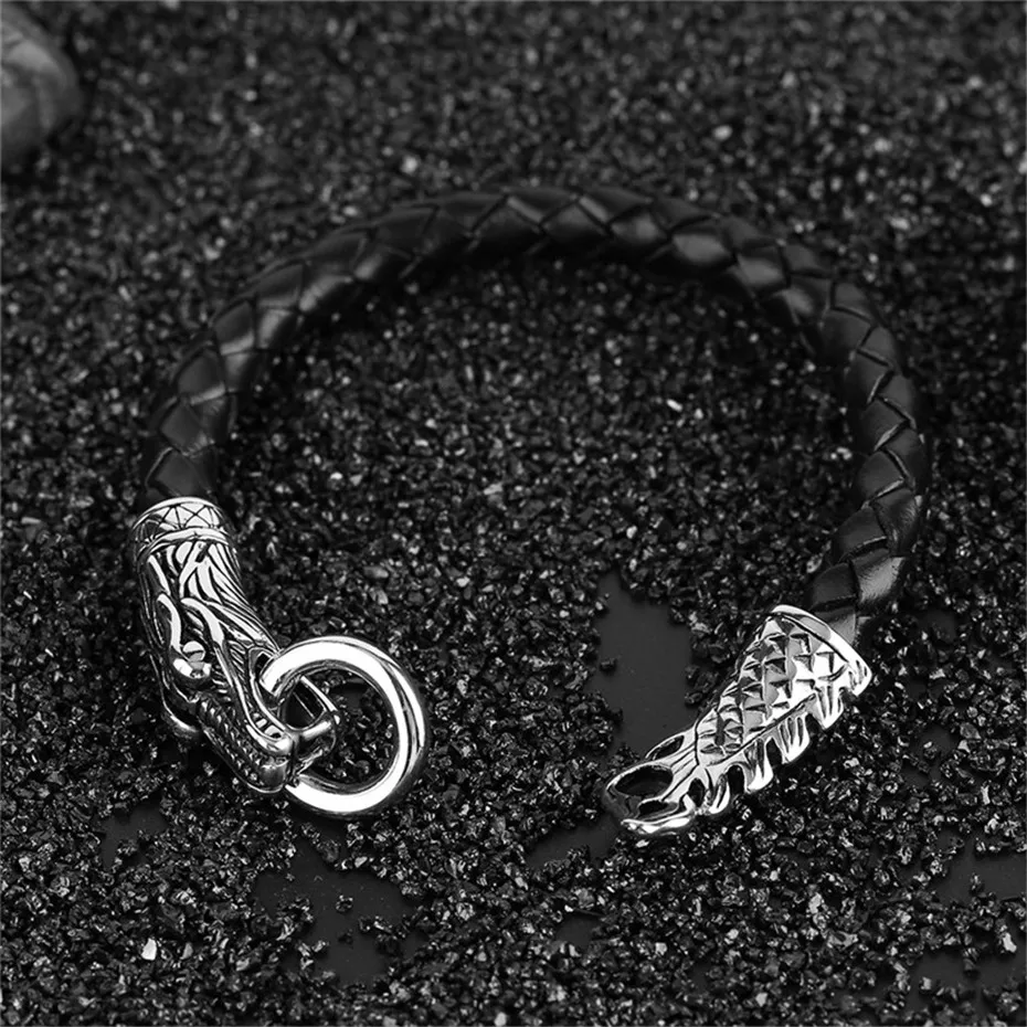 Dragon Theme Chinese Zodiac Signs Charms Men Bracelet Punk Hand-woven Leather Rope Chain Black Creative Jewelry Casual Gift (3)