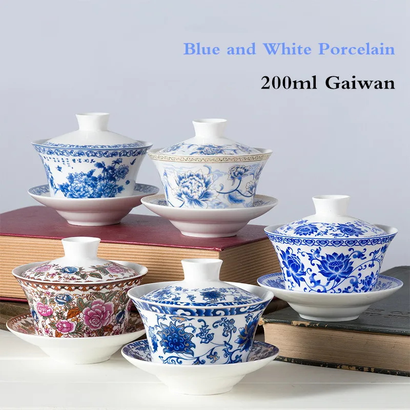 

200ml Chinese Retro SanCai GaiWan Kung Fu Tea Set JingDeZhen Blue and White Porcelian Tea Bowl Ceramic Tea Cup and Saucer Set