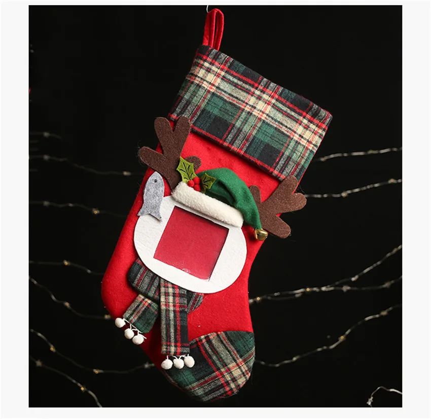 Большие носки с Санта-Клаусом; прозрачные рождественские носки в клетку с фоторамкой; детские подарочные сумки ярких цветов; рождественские украшения для дома; украшения для рождественской елки