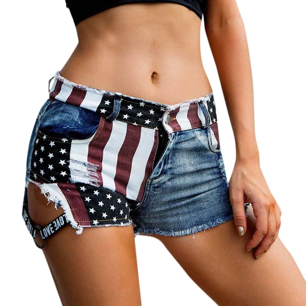 Женские Американский флаг с высокой талией джинсы летние отверстие Карманы мини байкерские шорты леди поцарапанные сетки письмо джинсы