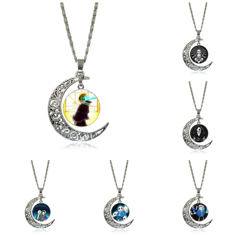 

EJ Glaze Undertale For Women Gift Vintage Jewelry Silver Plated With Glass Cabochon Crescent Moon Choker Long Pendant Necklace