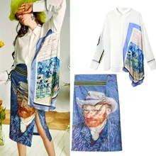 Юбочные костюмы, Подиумные дизайнерские женские Ретро Блузки больших размеров, рубашки и юбки с принтом маслом NS992