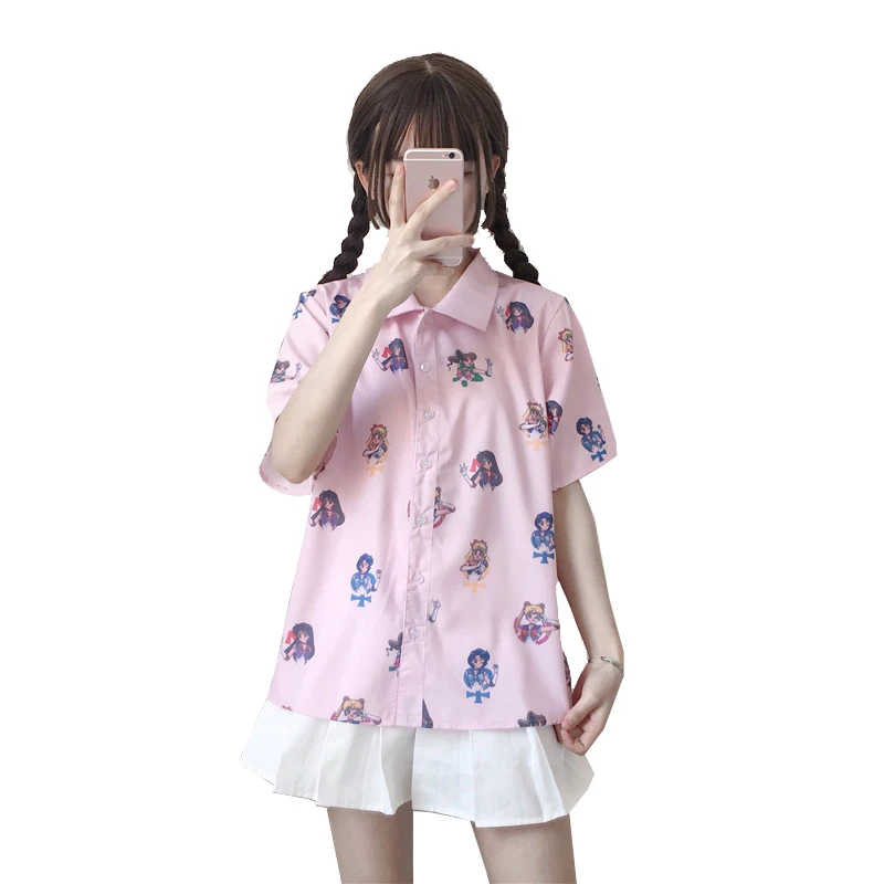 Harajuku женская блузка короткий рукав; моряк, луна, принт, рубашка Лолита, свободные блузки для девочек, розовые топы, аниме, летняя футболка
