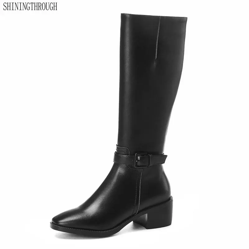 

Women Brand Knee High Boots Buckles genuine leather Long Warm Motorcycle Boots Newest high heels Autumn Winter Shoes Woman