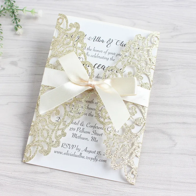 Роскошное Свадебное приглашение блестящие золотистые серебристые, лазерные вырезанная свадебная открытка с бабочкой лента печать вечерние