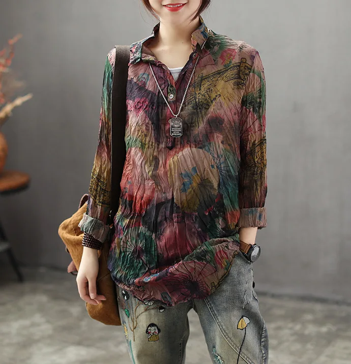 

Hot Spring Blouse Loose Retro Casual Women Pullovers Shirt New Tops Turn-down Collar Button Print Blouse Ladies Vintage Shirt