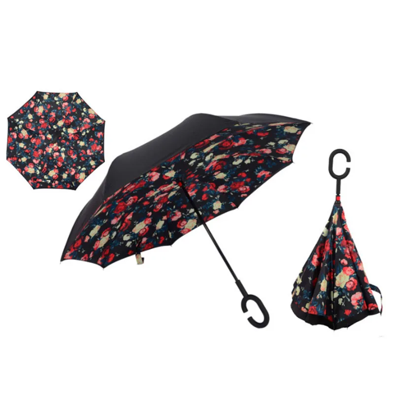 Yiwumart складной обратный зонтик с ручкой двойной слой перевернутый ветрозащитный защита от солнца и дождя анти УФ invertido автомобильный Зонтик для женщин - Цвет: Red Floral