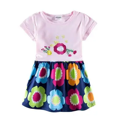 Летнее хлопковое платье с короткими рукавами для девочек милое платье в горошек с вышитым единорогом для девочек, платье с короткими рукавами и изображением Маленького Пони для детей, H5748 - Цвет: H7110 pink