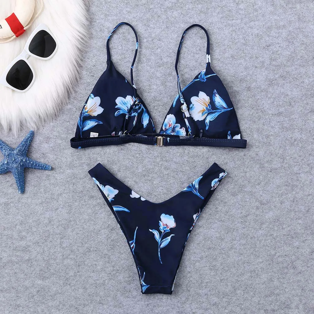 Бикини, сексуальный женский комплект бикини с цветочным принтом, купальный костюм из двух частей, купальник, пляжный костюм, женский купальник с открытыми плечами - Цвет: Blue