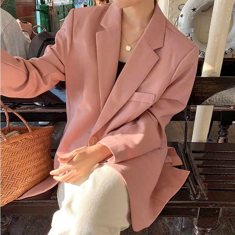 2019 Spring Sweet Pink Hundred Take Medium and Long Loose Suit Jacket Button Single Breasted Solid Full Women Coat and Jackets