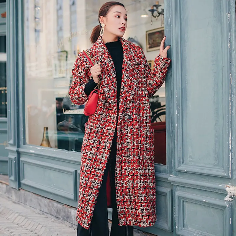 Autumn Winter Female Turn Down Collar Woolen Coat Women Vintage Wool Jacket Lattice Parka Casual Loose X-Long Overcoat Z389