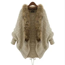 Puckcovi Модный женский свитер "летучая мышь" с воротником из искусственного меха, свободные Модные женские свитера с длинным рукавом, элегантный кардиган Feminino