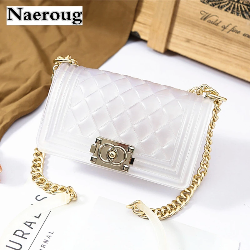 

Luxury Brand Candy Color Jelly Bag Plaid Transparent Bag Golden Chain Lock Shoulder Bag Lady Clutch Purse Beach Handbag Channels