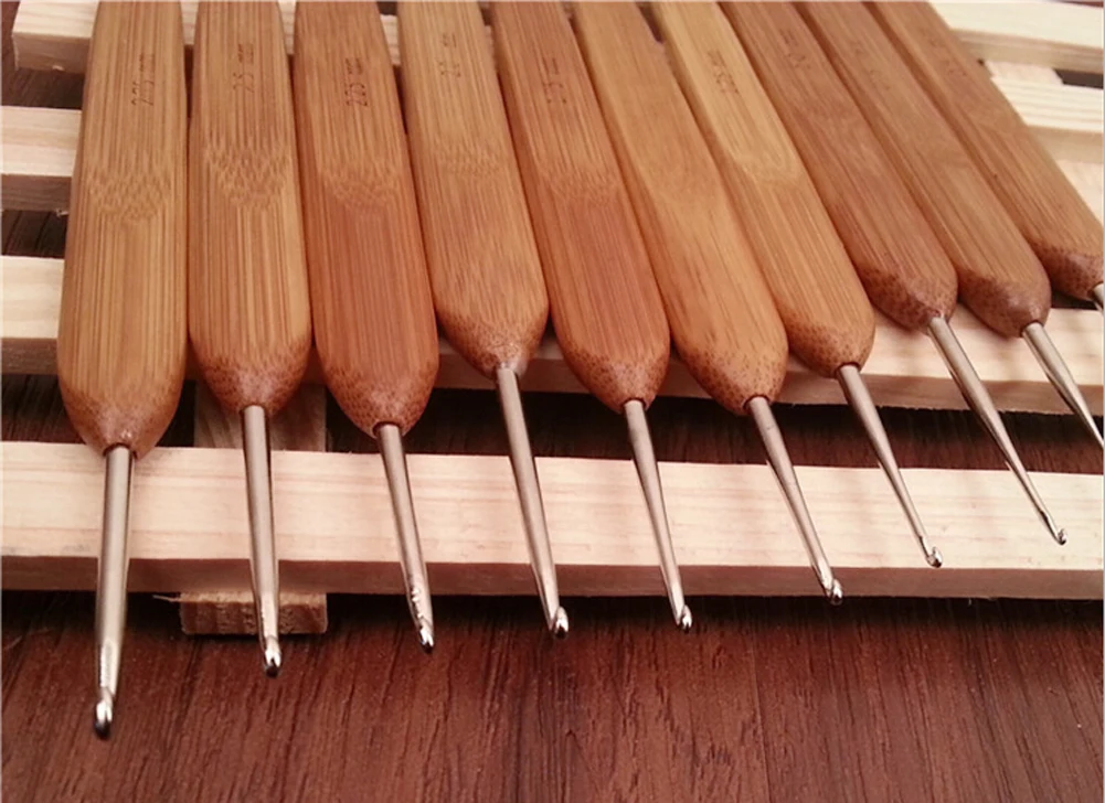 Бамбуковой ручкой металлические крючки для вязания инструмент для рукоделия, 10 шт в 1 комплект GQ999