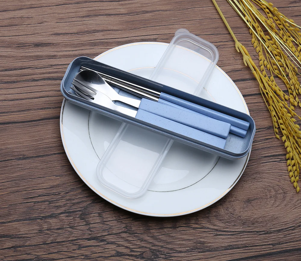 Nordic Color Wheat Straw plastic Dinnerware Set Portable Outdoor Camping Picnic School Kids cutlery Stainless Steel Tableware