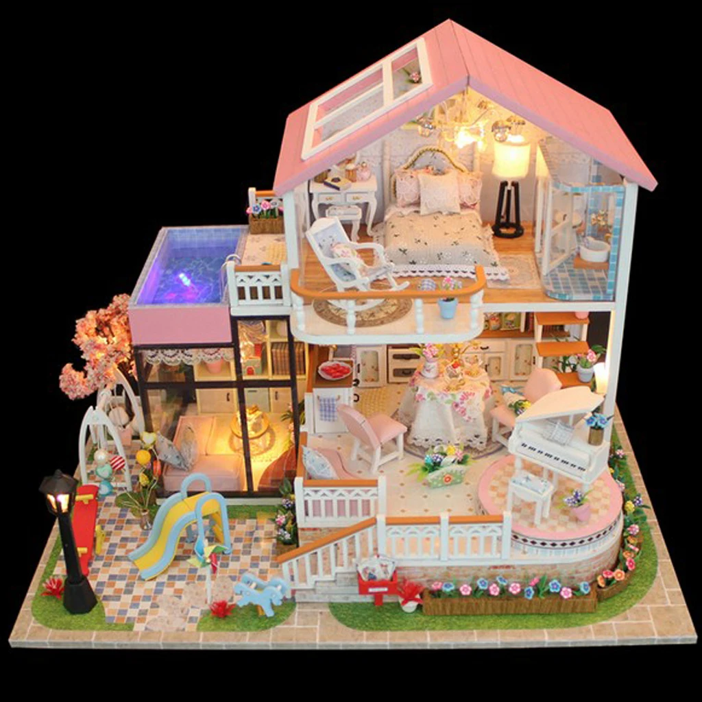 

Dollhouse Miniatures DIY Great Handwork Kits with Furniture LED Hand Control Lights Set Home Display Decoration