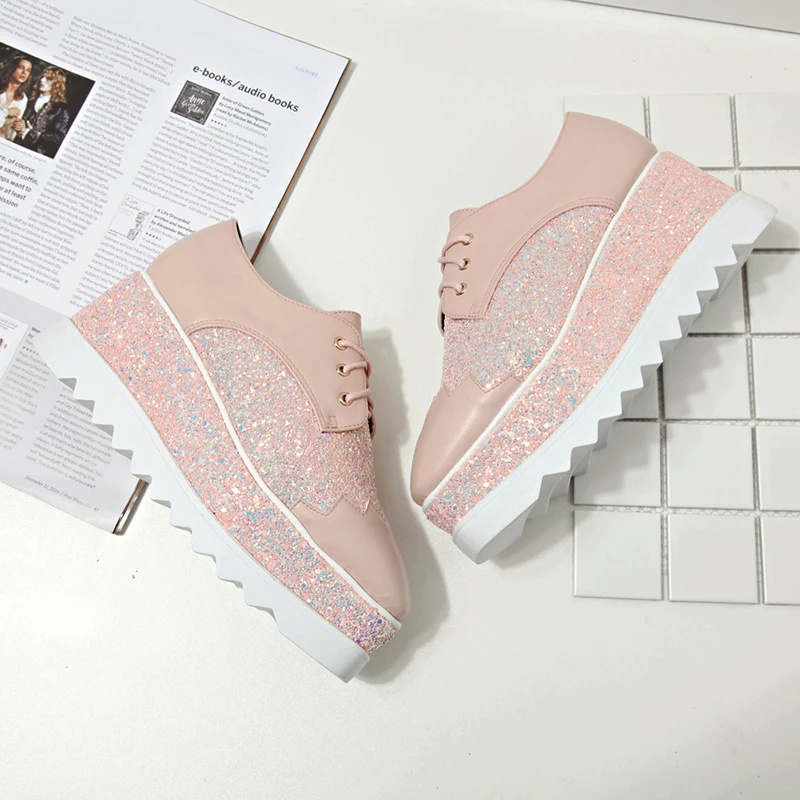 

New 2017 Lace-up Sequins Woman Casual  Shoes High Heels Wedges Women's Shoes Thick Bottom  Platform Shoes