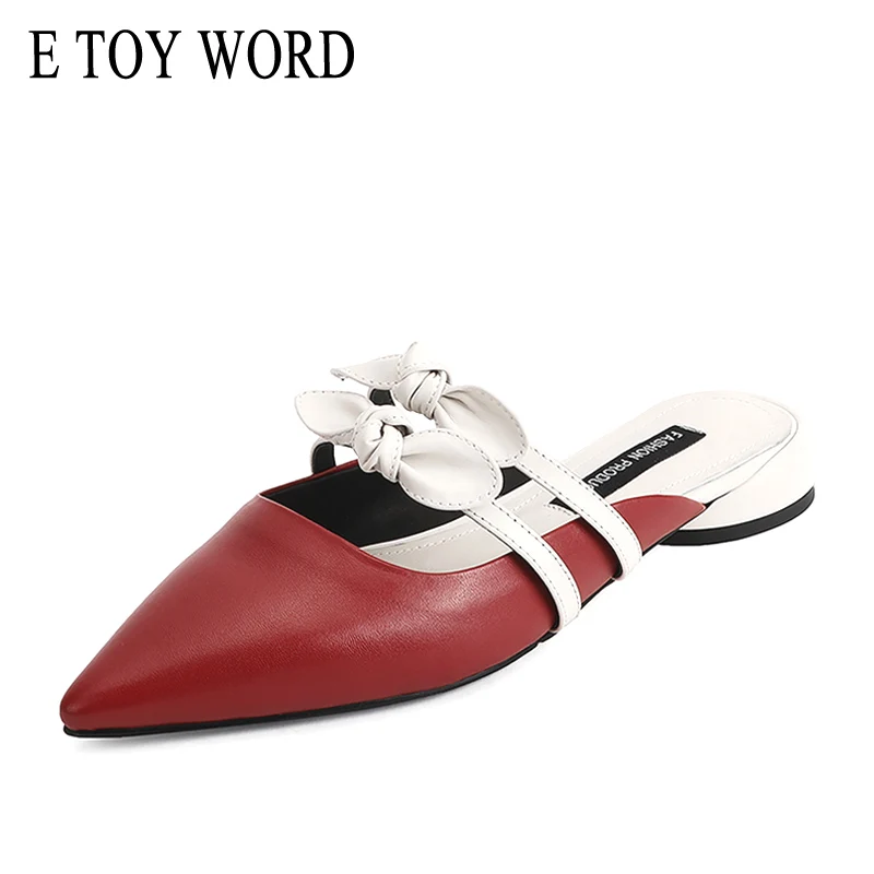

E TOY WORD 2019 summer sandals women Bow PU pointed flat Mules shoes female wild thick heel outside sandals women slippers
