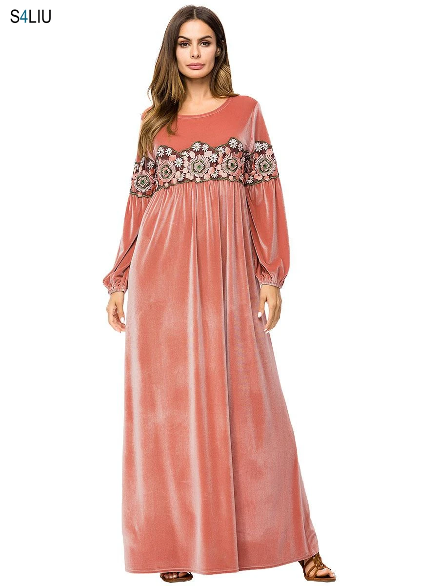 

Velvet Long Dress Pink Embroidered Maxi Dresses Arab Casual Vintage Embroidery A Line Muslim Dress Casual Ramadan