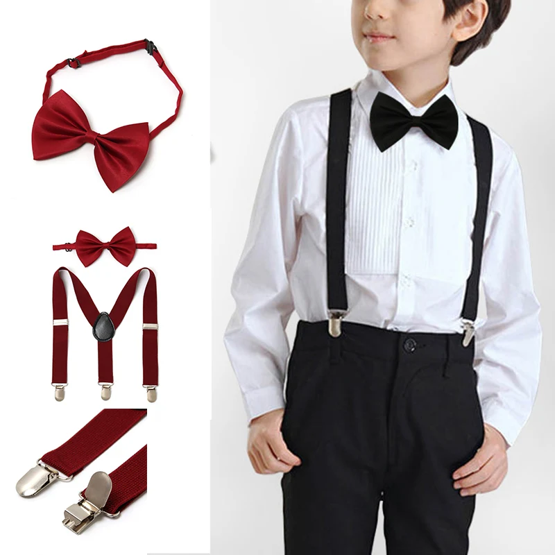 

Adjustable Soild Color Children Belt Bowtie Set Baby Boys Girls Suspenders Clip-on Y-Back Braces Bow Tie Elastic Kids Necktie