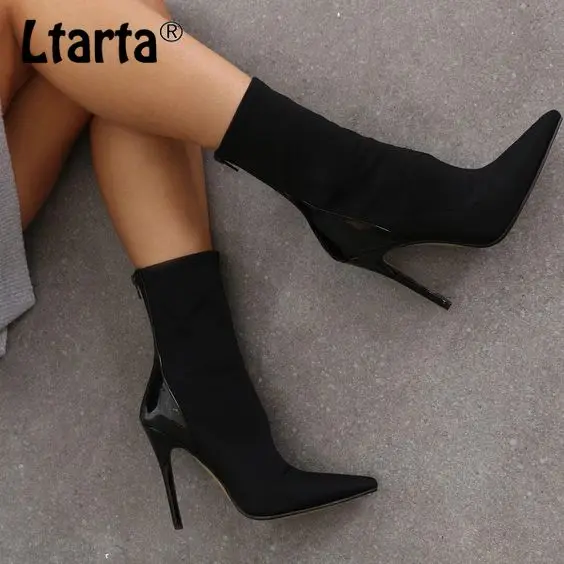 

COWCOM Fast Sell Women's Short Boots New Pointed Elastic Cloth Network Red Explosion Stiletto High Heels Big Tide ZL-335-15