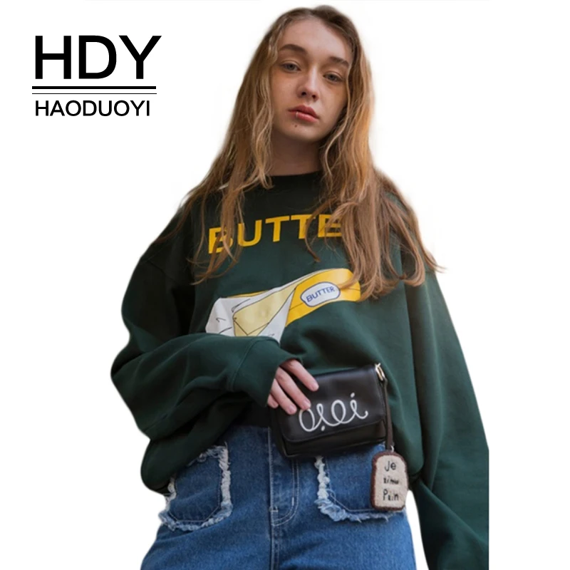 

HDY Haoduoyi Brand Women Green Printed Casual Sweatshirts O-Neck Long Sleeve Cotton Loose Pullovers Keep Warm Tops Lady