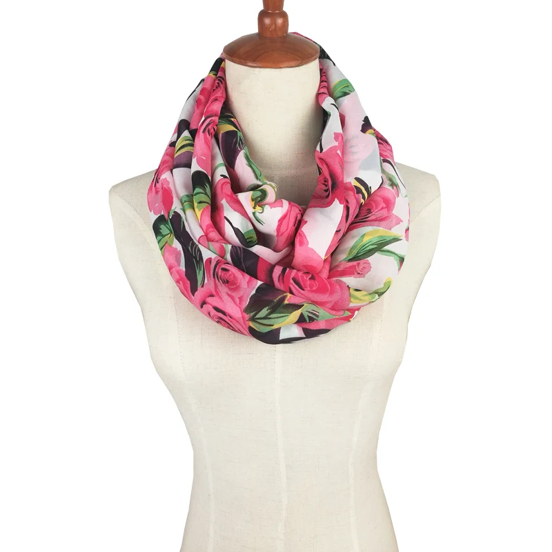 

2019 Design Women scarf floral Print silk chiffon soft Wrap Infinity Loop tube scarf Flowers pattern color bandana scarves