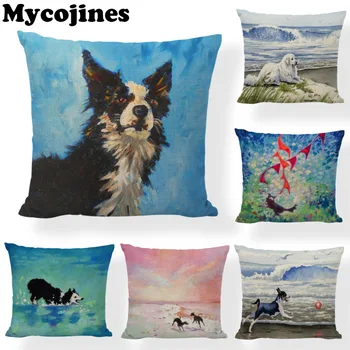 

Clever Border Collie Decorative Cushion Cover Seagull Wave Print Linen Car Seat Home Sofa Living Room Chair Decorate Pillowcase