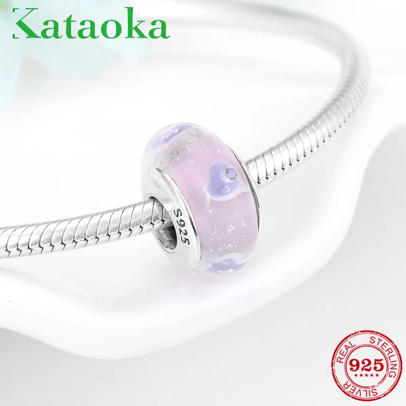 

New Light pink Murano Glass bubble Beads with Purple heart Fit Original Pandora Women Charm Bracelets & Bangles
